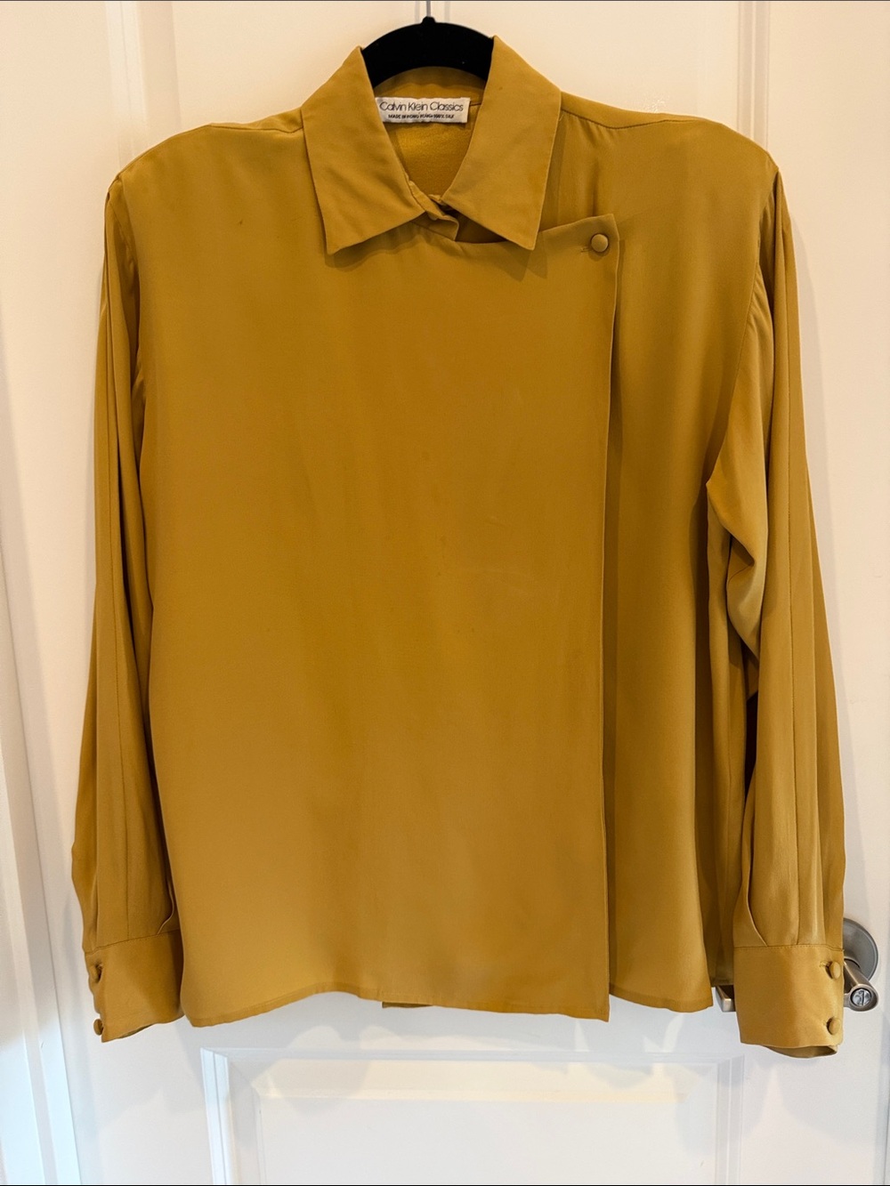Vintage Calvin Klein Golden Mustard Button-Front Draped Shirt made in Hong Kong